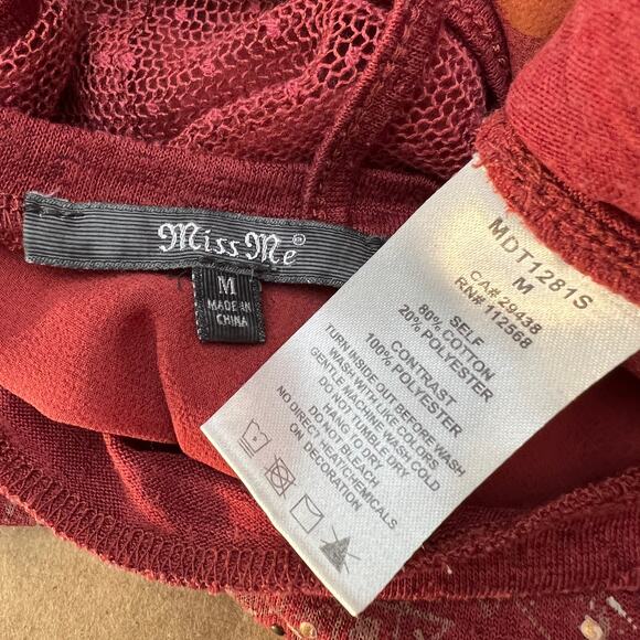Miss Me MEDIUM Rustic Red Studded Southwestern Sheer Mesh Back Tee Shirt - Picture 9 of 9